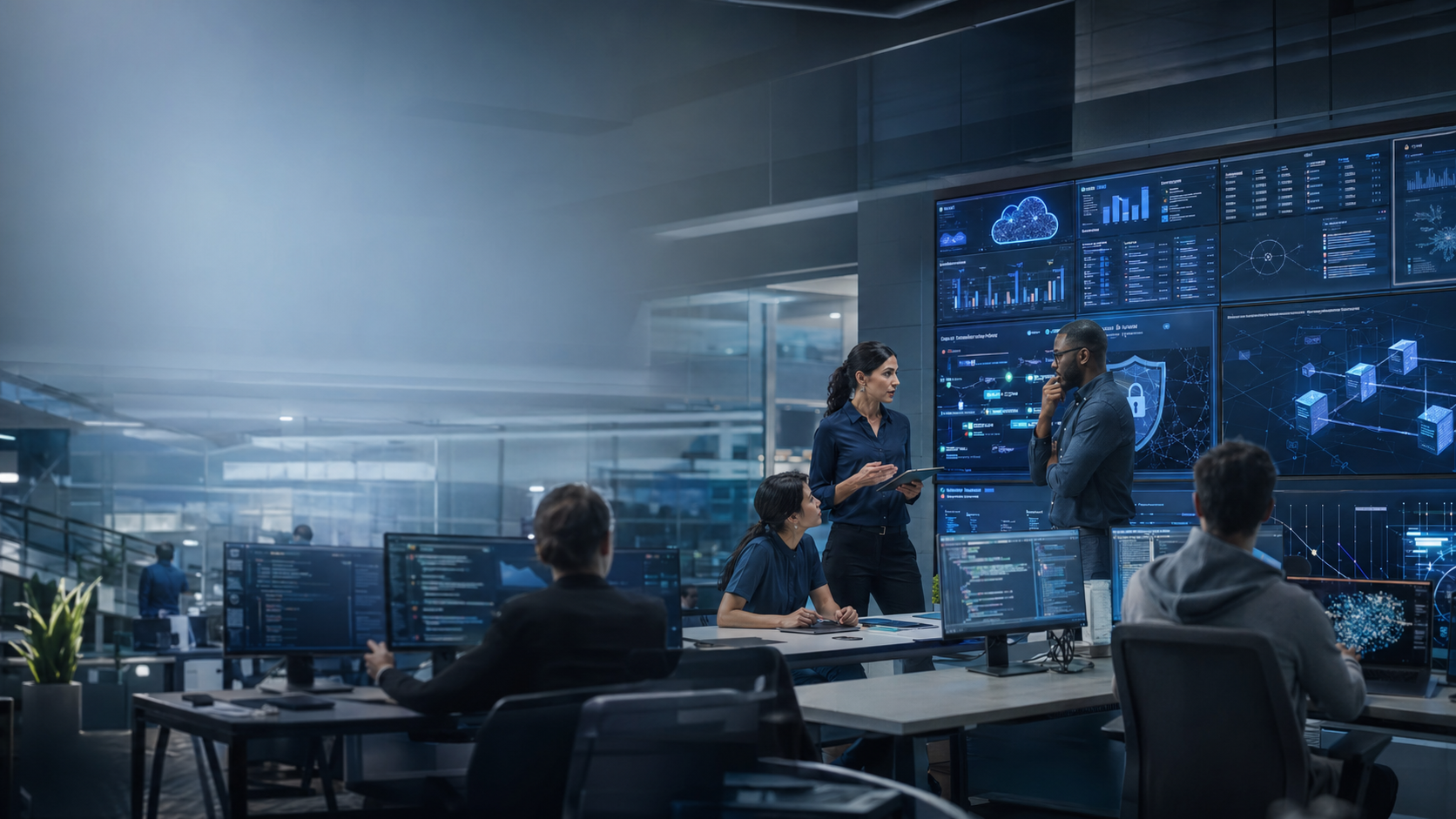 Enterprise software team monitoring secure systems